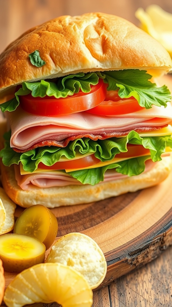 A 6-inch sub sandwich filled with deli meats, lettuce, tomatoes, and cheese on a wooden board with pickles and chips.